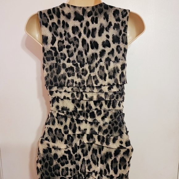 Allen B Cheetah Print Mesh Ruched Asymmetrical Mini Dress Black Beige X Small - Picture 7 of 12
